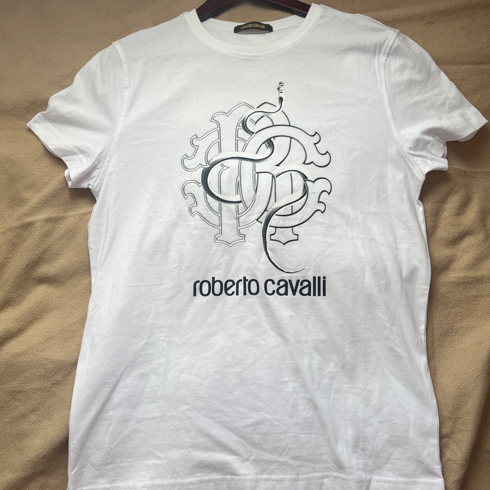 Roberto Cavalli White Designer T-Shirt w/ Logo Unisex